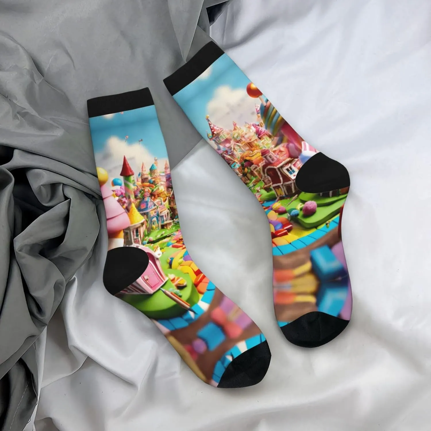 Candy Land Print Fun Contrast Socks,Novel Crazy Cool Socks,Pattern Funky Novelty Socks,Unisex Bulk Socks