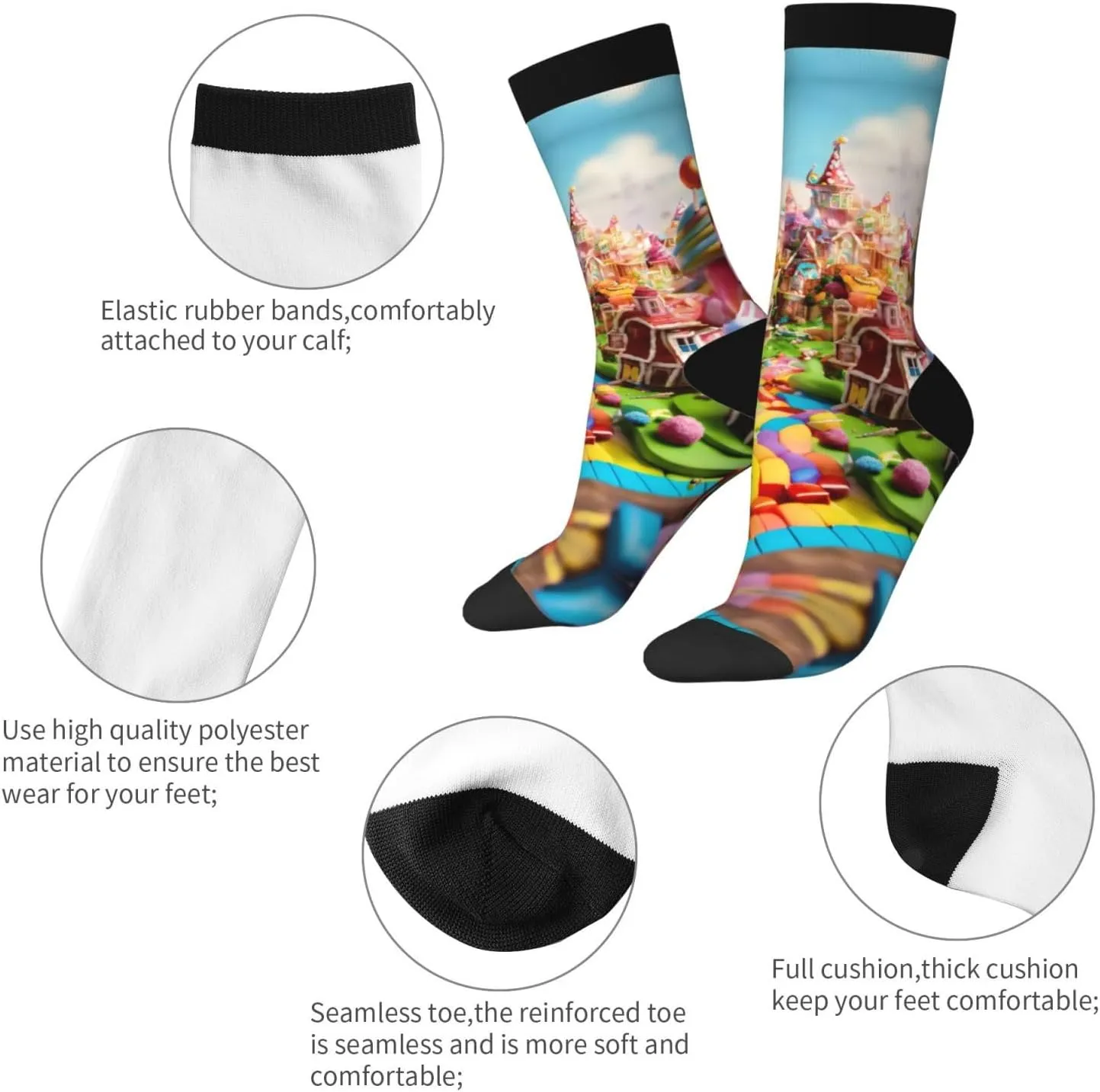 Candy Land Print Fun Contrast Socks,Novel Crazy Cool Socks,Pattern Funky Novelty Socks,Unisex Bulk Socks