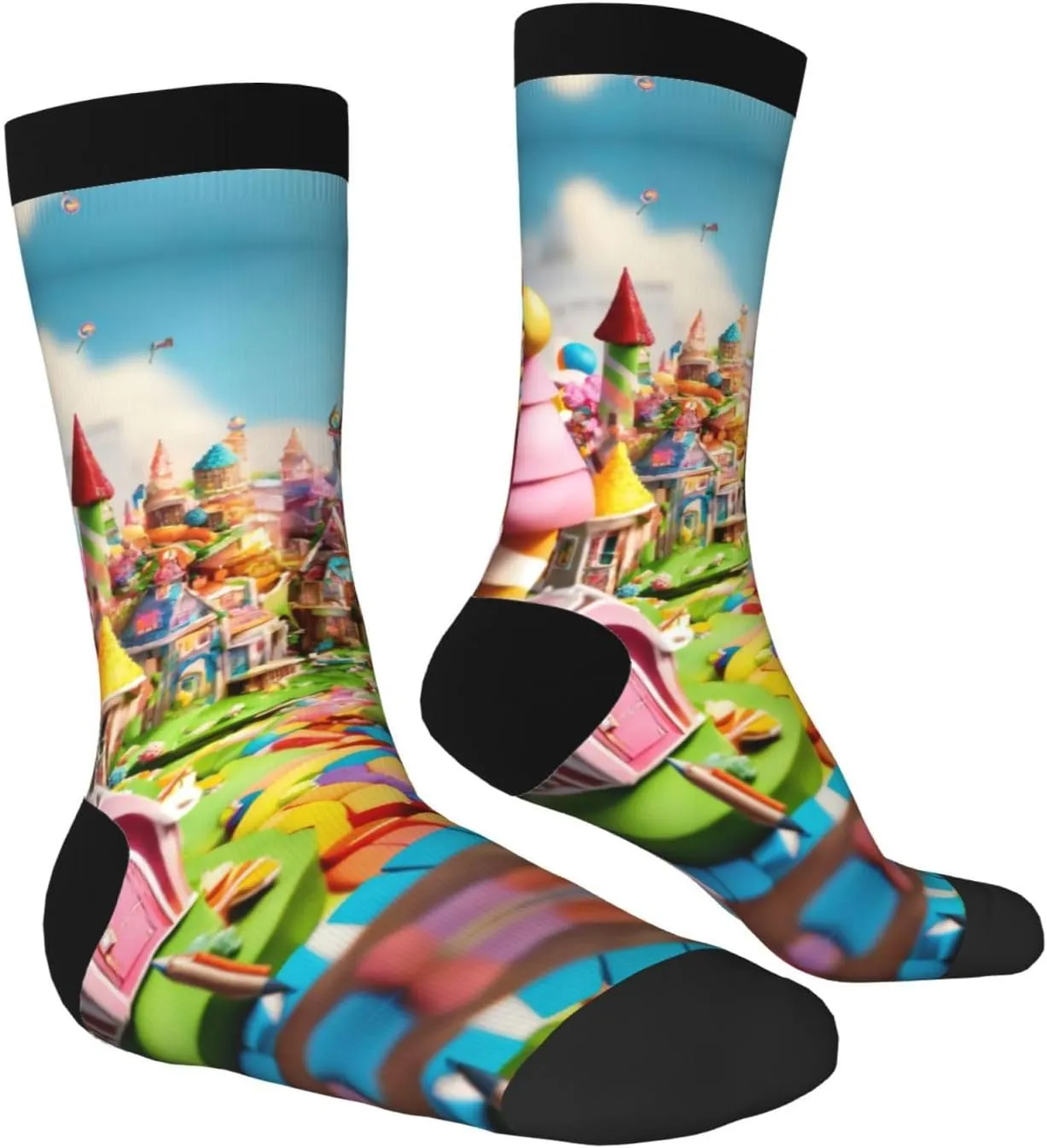 Candy Land Print Fun Contrast Socks,Novel Crazy Cool Socks,Pattern Funky Novelty Socks,Unisex Bulk Socks