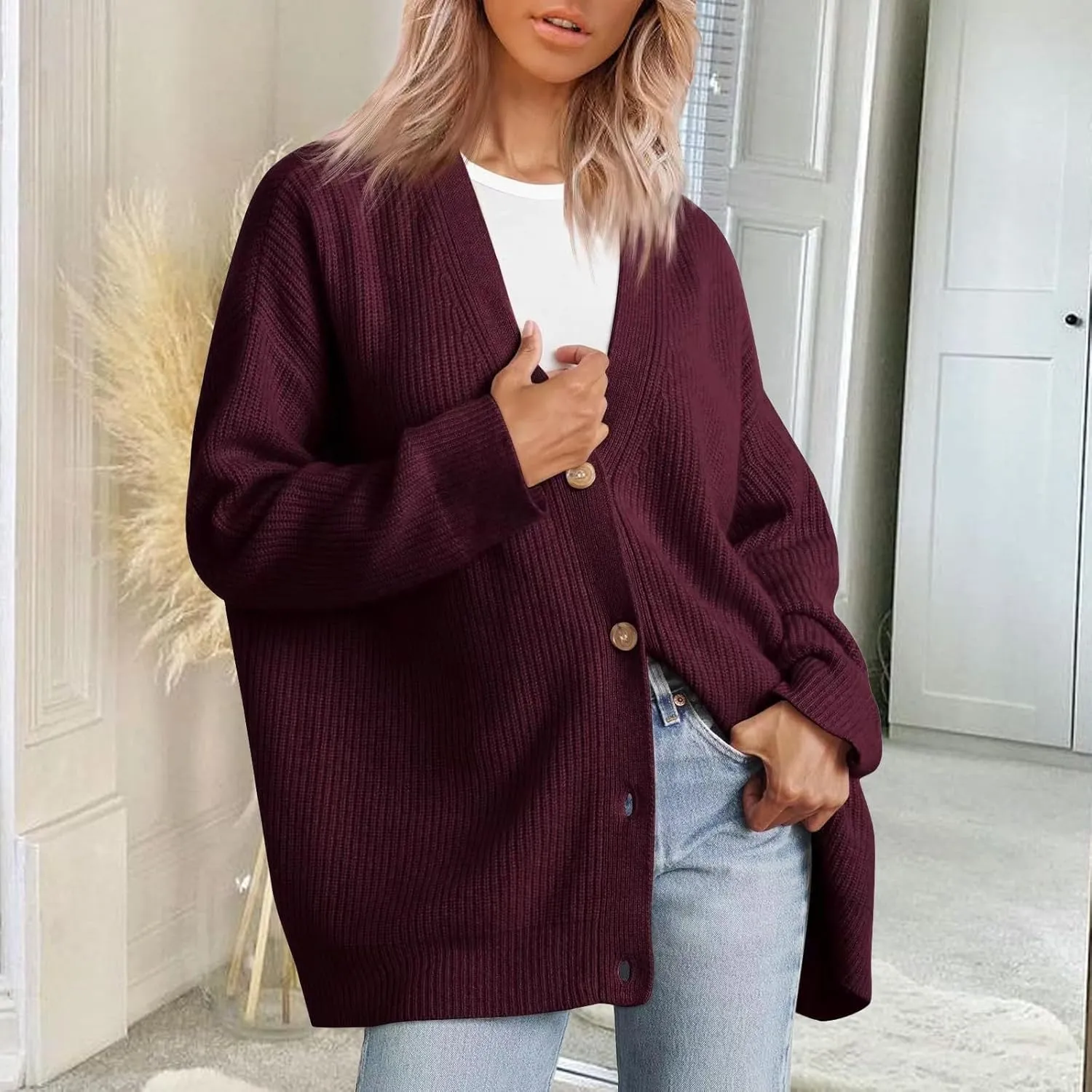 Cardigan Sweater for Womens 2024 Fall Open Front Long Sleeve Button Cardigans Casual Long Sleeve Knit Sweater Coat