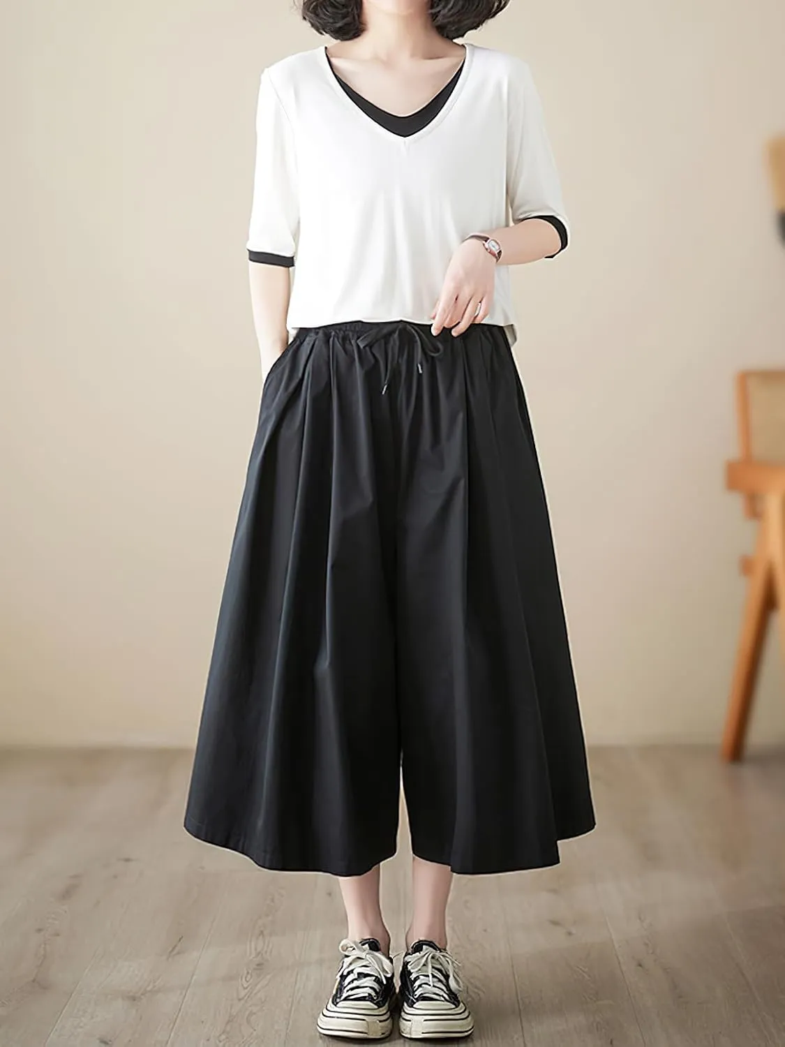 chouyatou Women's Summer Casual Cotton Culottes Pants Drawstring Wide Leg Capri Palazzo Pants