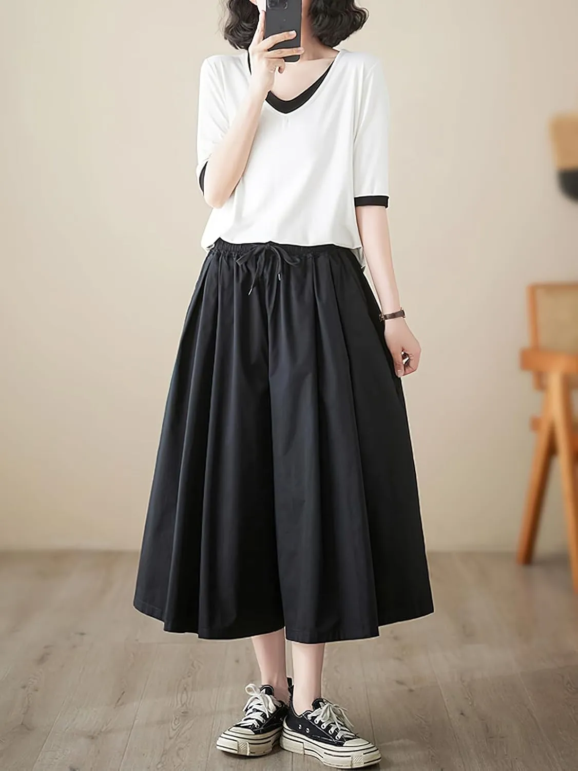 chouyatou Women's Summer Casual Cotton Culottes Pants Drawstring Wide Leg Capri Palazzo Pants