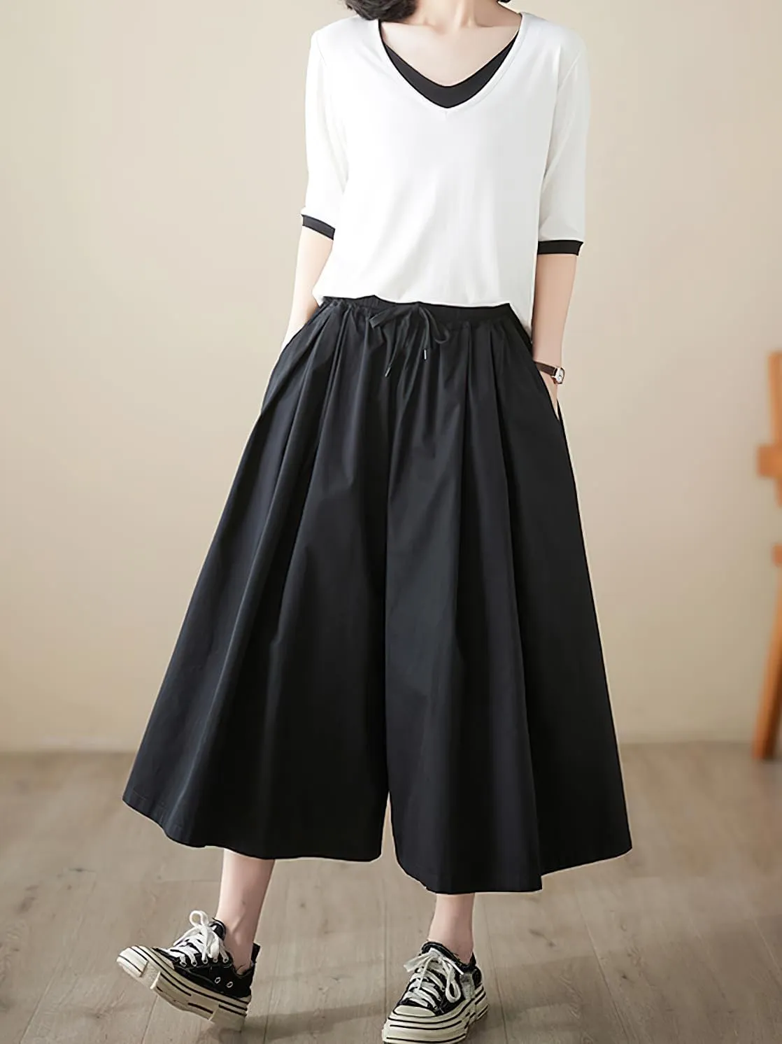 chouyatou Women's Summer Casual Cotton Culottes Pants Drawstring Wide Leg Capri Palazzo Pants