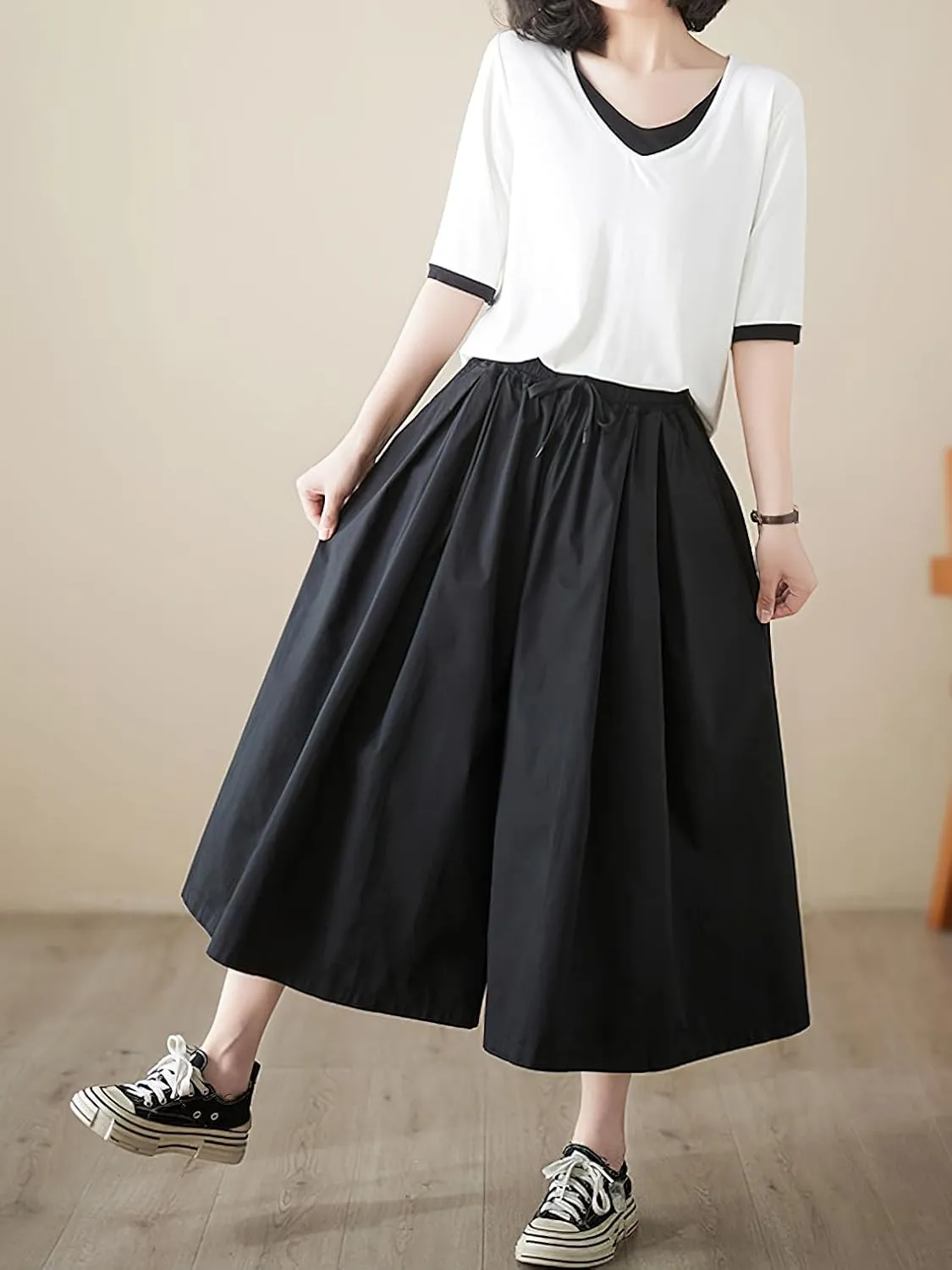 chouyatou Women's Summer Casual Cotton Culottes Pants Drawstring Wide Leg Capri Palazzo Pants