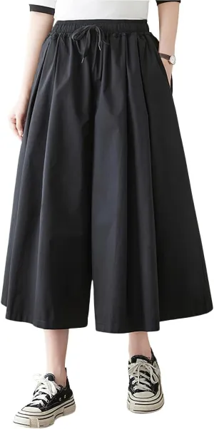 chouyatou Women's Summer Casual Cotton Culottes Pants Drawstring Wide Leg Capri Palazzo Pants