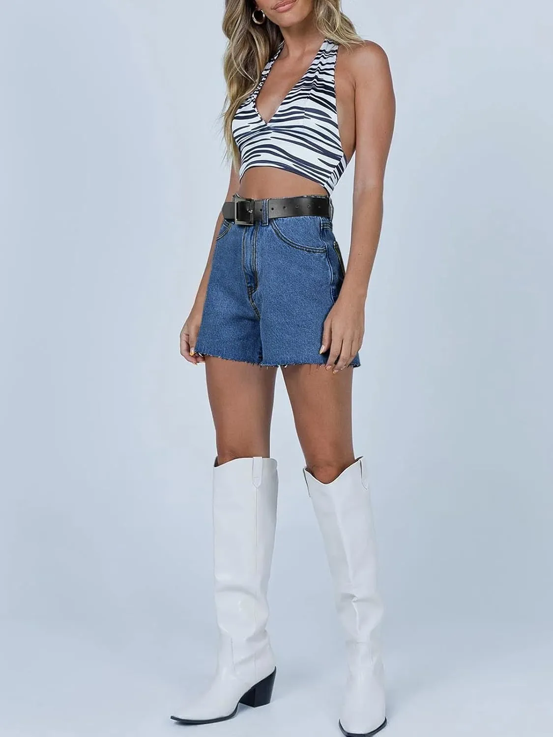 Cicy Bell Womens High Waisted Jean Shorts Summer Baggy Stretchy Straight Leg Raw Hem Mom Denim Shorts
