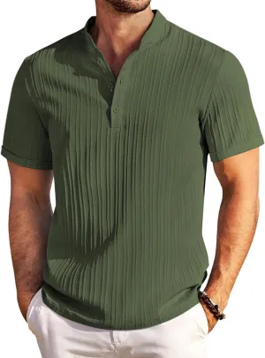 COOFANDY Men Casual Henley Tee Shirt Short Sleeve Band Collar Summer Beach Textured T-Shirt