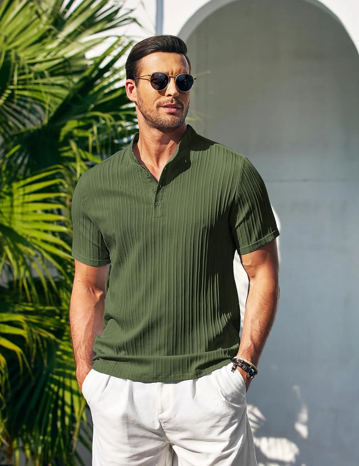 COOFANDY Men Casual Henley Tee Shirt Short Sleeve Band Collar Summer Beach Textured T-Shirt