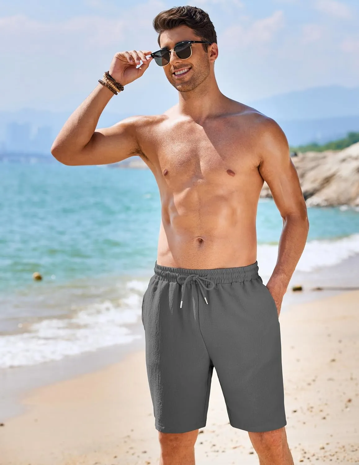 COOFANDY Mens Casual Shorts Elastic Waist Drawstring Textured Summer Beach Short