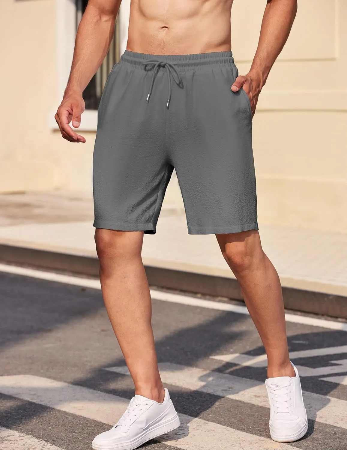 COOFANDY Mens Casual Shorts Elastic Waist Drawstring Textured Summer Beach Short