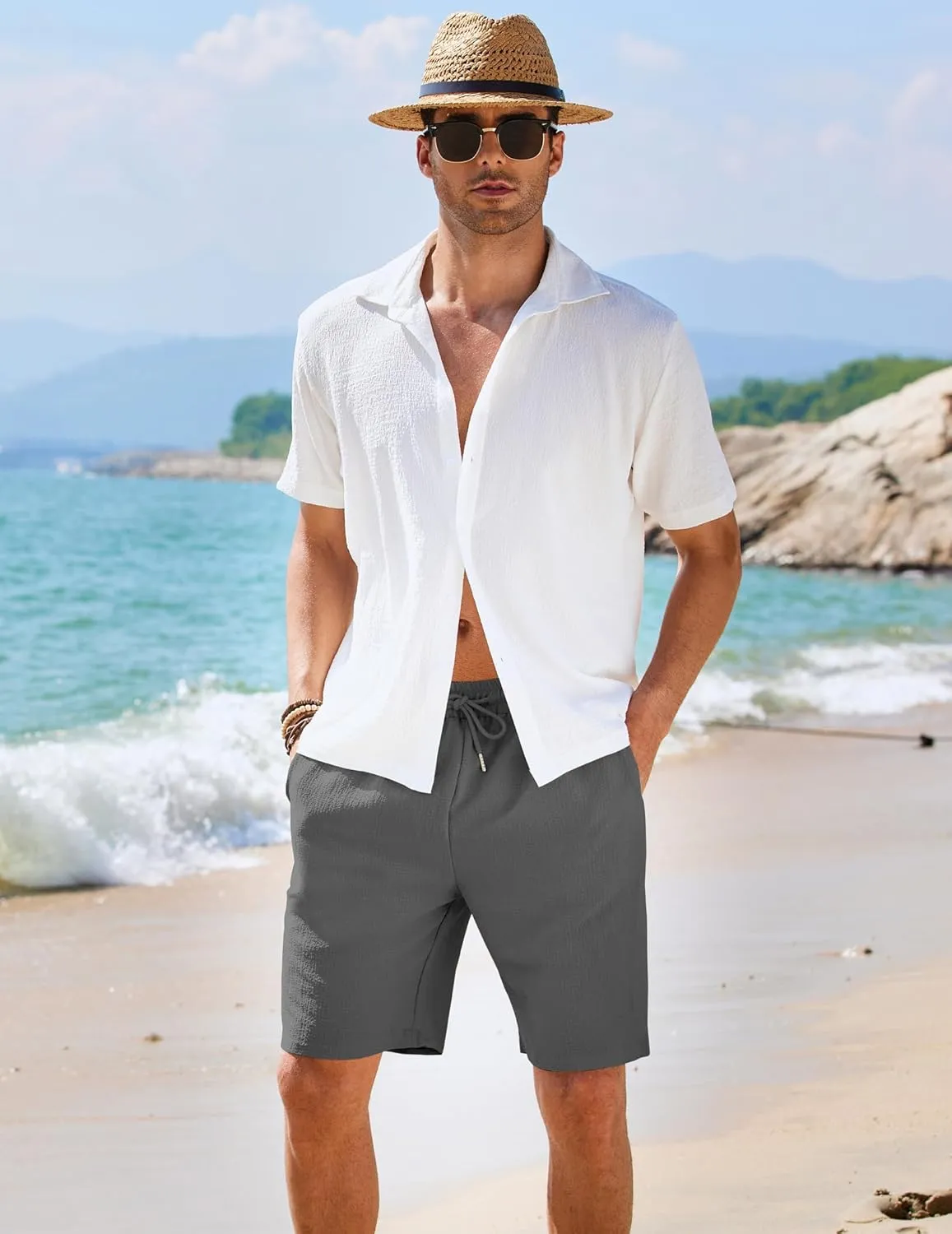 COOFANDY Mens Casual Shorts Elastic Waist Drawstring Textured Summer Beach Short