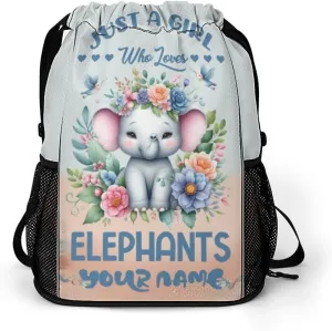 Custom Elephant Drawstring Backpack - Cute Cinch Sack, String Backpacks with Pocket for Kids Women Men Boys Girls for Gym Outdoor Sports Travel Athletic Drawstring Bag - Lightweight/Foldable