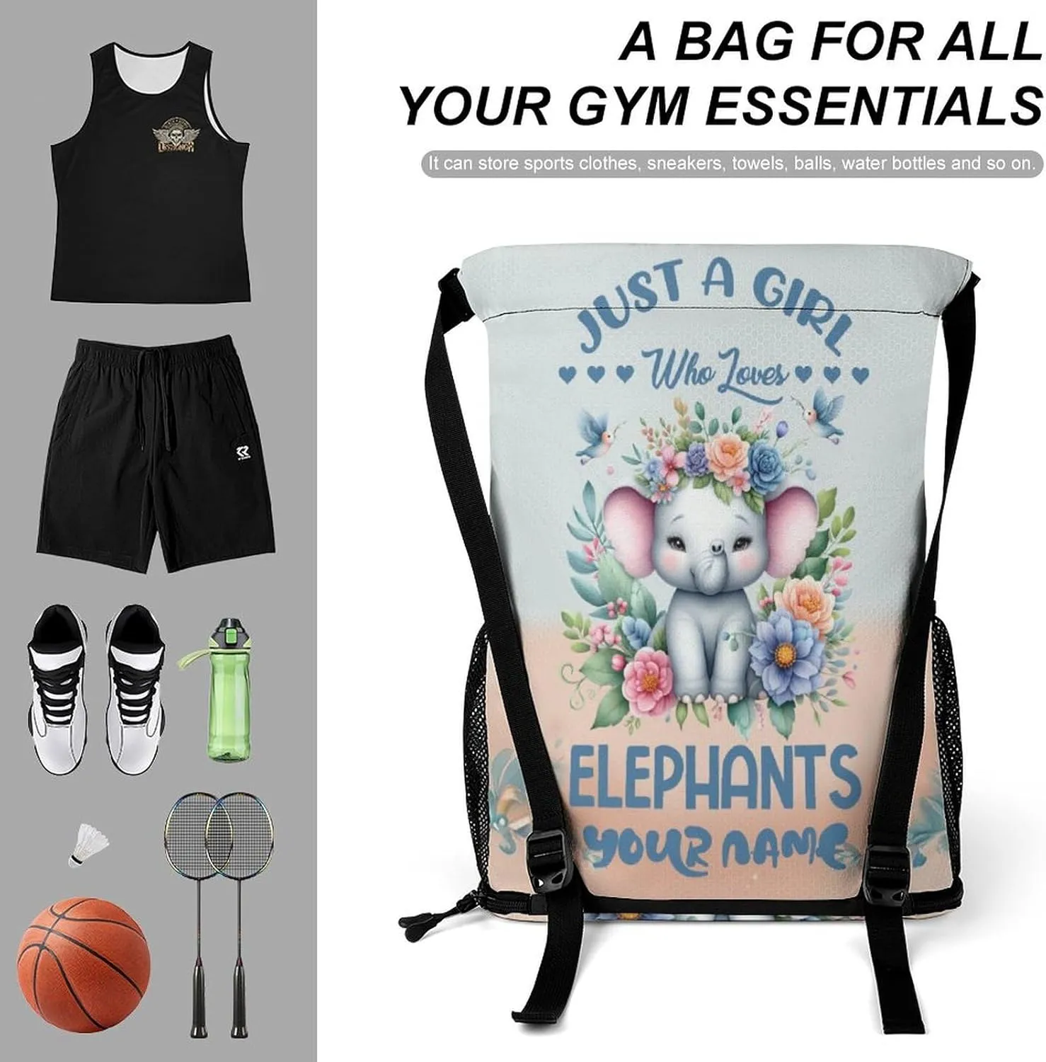 Custom Elephant Drawstring Backpack - Cute Cinch Sack, String Backpacks with Pocket for Kids Women Men Boys Girls for Gym Outdoor Sports Travel Athletic Drawstring Bag - Lightweight/Foldable