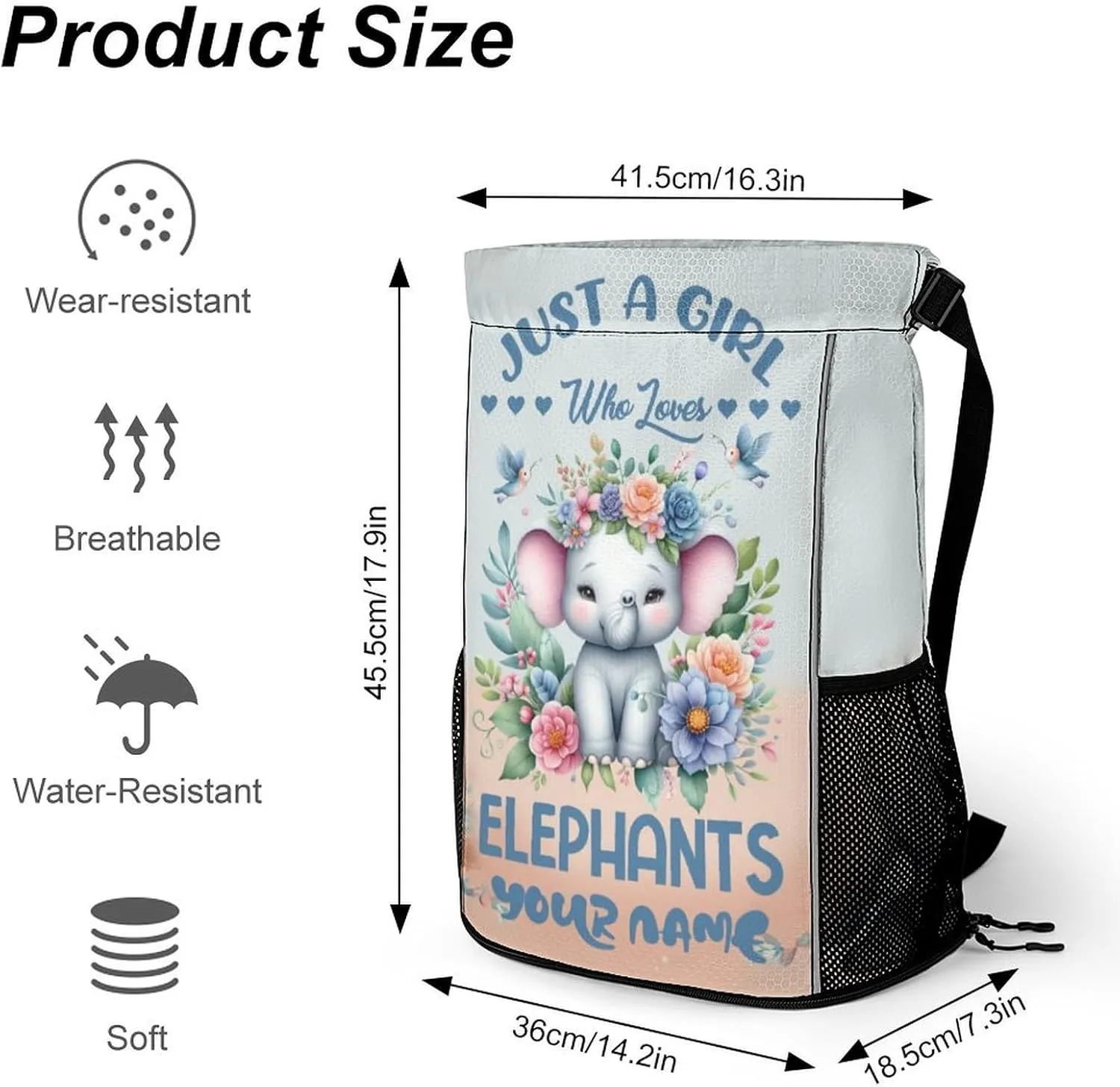 Custom Elephant Drawstring Backpack - Cute Cinch Sack, String Backpacks with Pocket for Kids Women Men Boys Girls for Gym Outdoor Sports Travel Athletic Drawstring Bag - Lightweight/Foldable