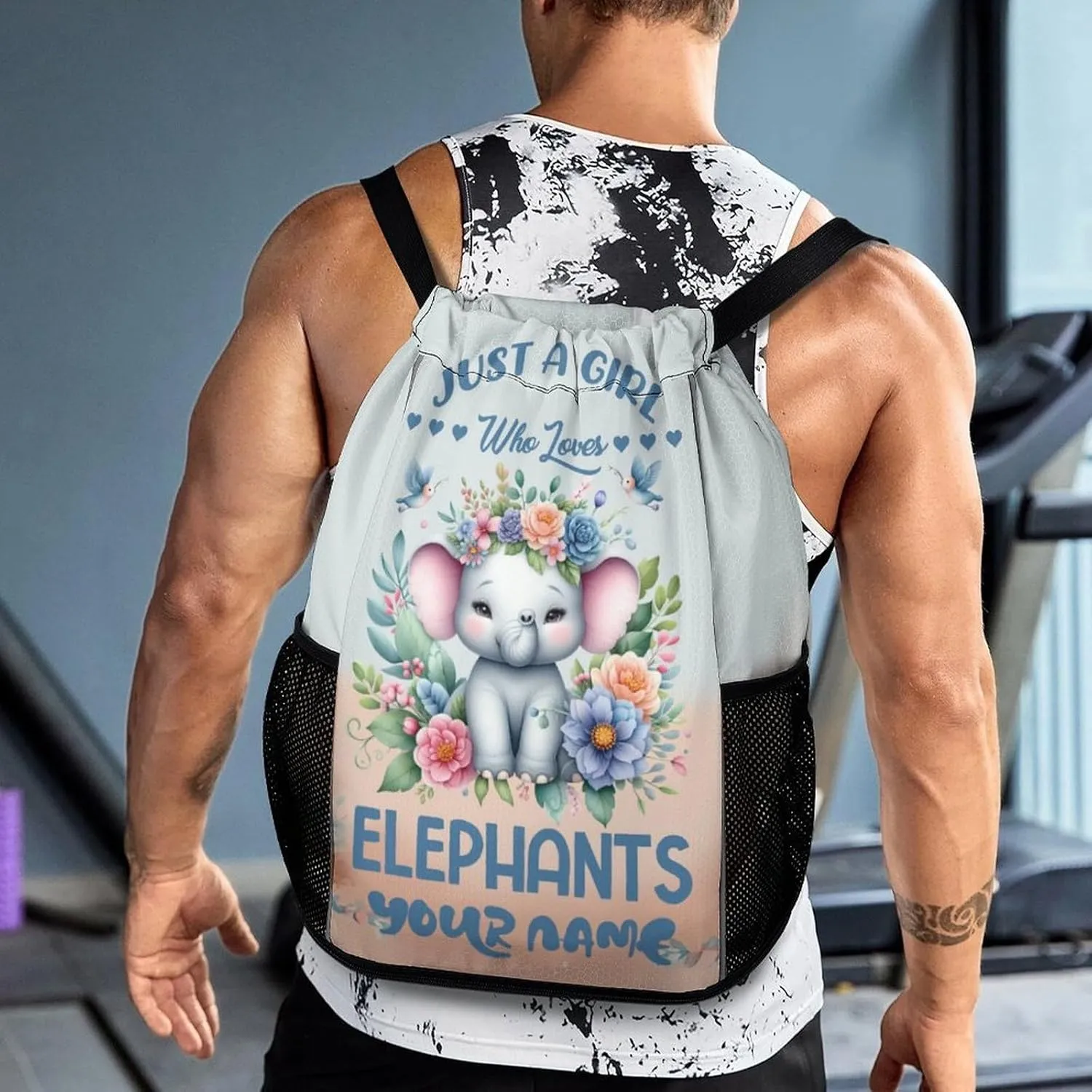 Custom Elephant Drawstring Backpack - Cute Cinch Sack, String Backpacks with Pocket for Kids Women Men Boys Girls for Gym Outdoor Sports Travel Athletic Drawstring Bag - Lightweight/Foldable