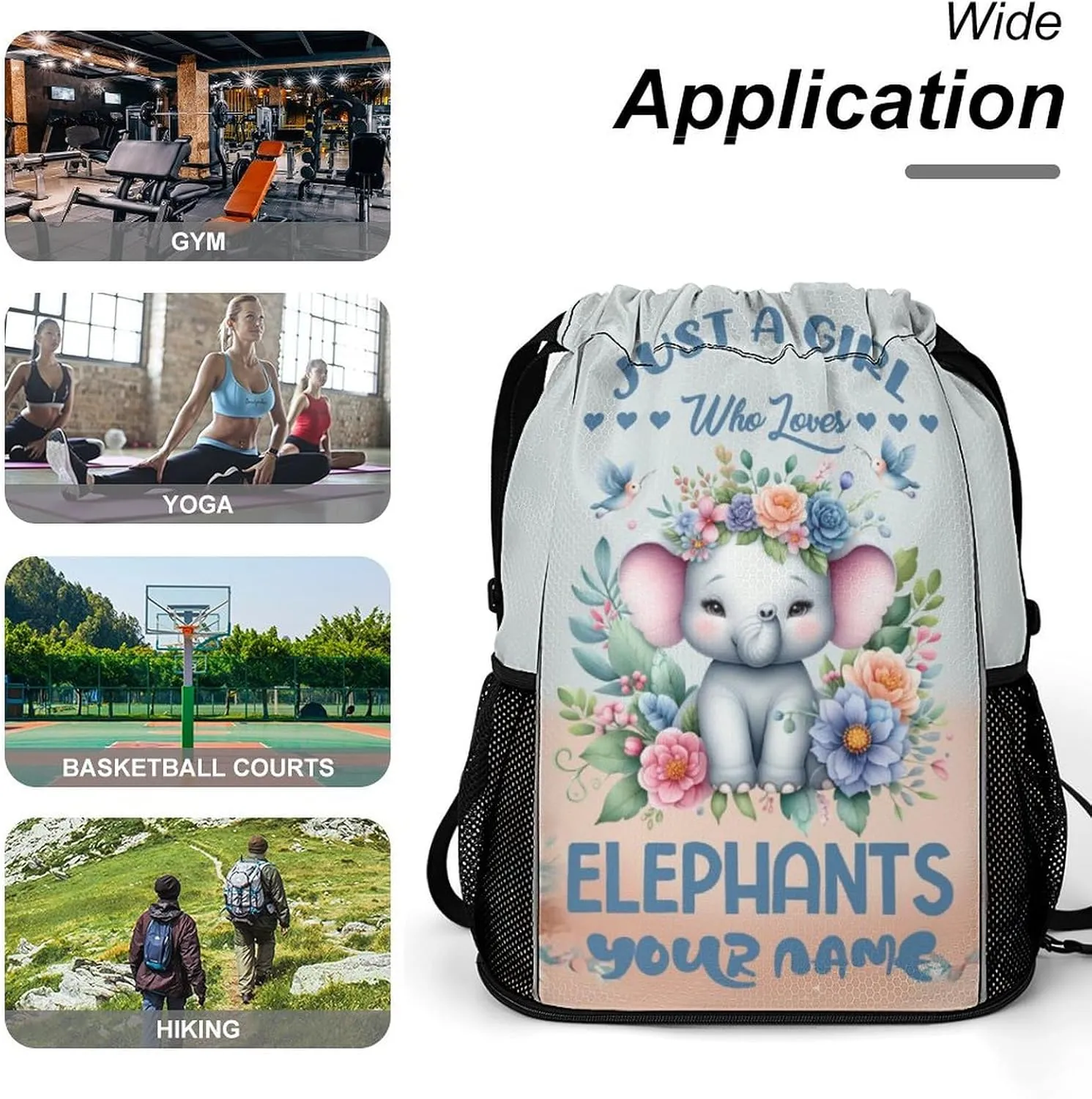Custom Elephant Drawstring Backpack - Cute Cinch Sack, String Backpacks with Pocket for Kids Women Men Boys Girls for Gym Outdoor Sports Travel Athletic Drawstring Bag - Lightweight/Foldable