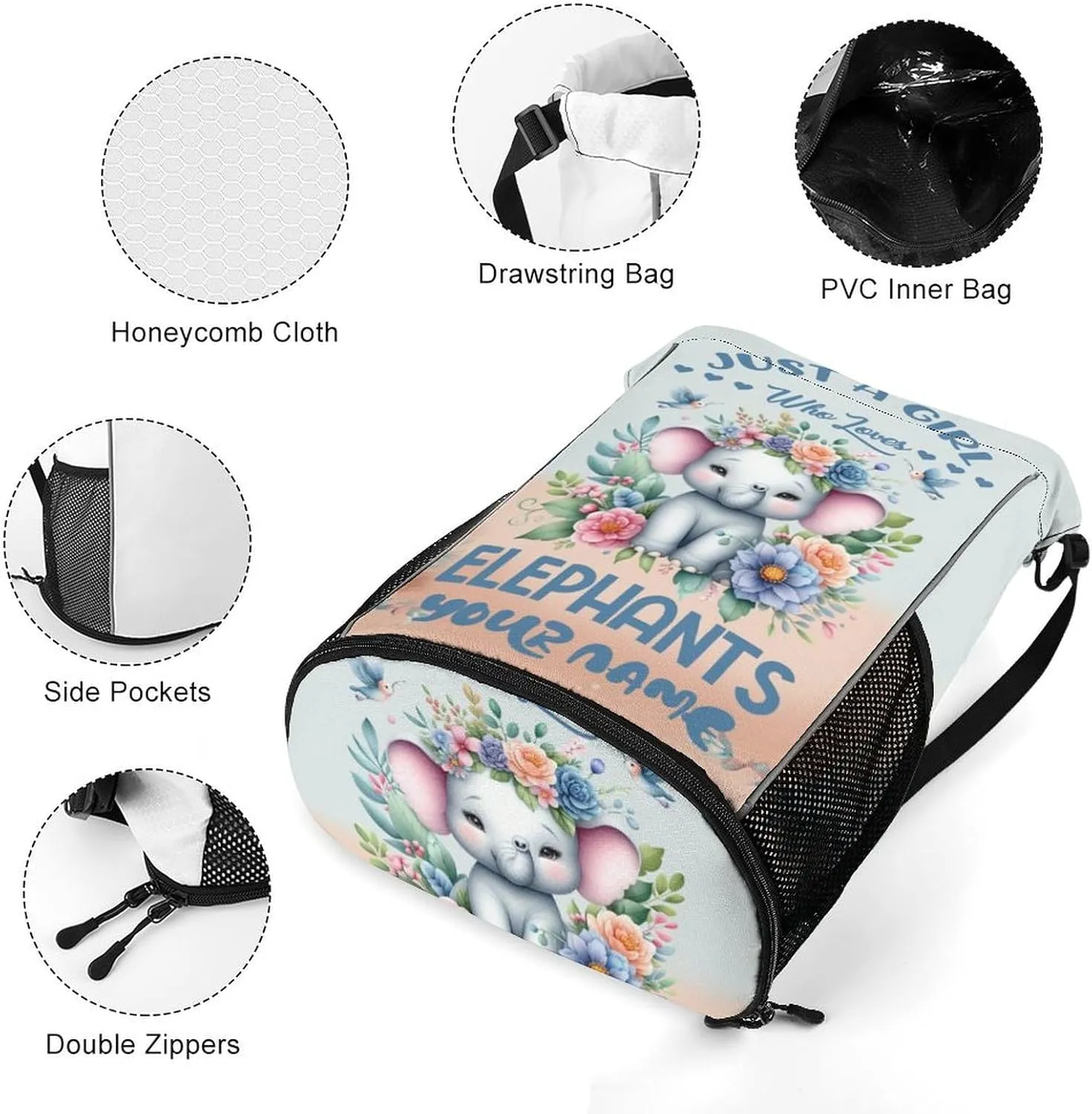 Custom Elephant Drawstring Backpack - Cute Cinch Sack, String Backpacks with Pocket for Kids Women Men Boys Girls for Gym Outdoor Sports Travel Athletic Drawstring Bag - Lightweight/Foldable