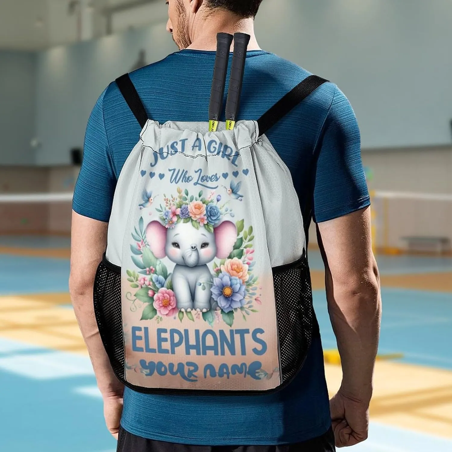 Custom Elephant Drawstring Backpack - Cute Cinch Sack, String Backpacks with Pocket for Kids Women Men Boys Girls for Gym Outdoor Sports Travel Athletic Drawstring Bag - Lightweight/Foldable