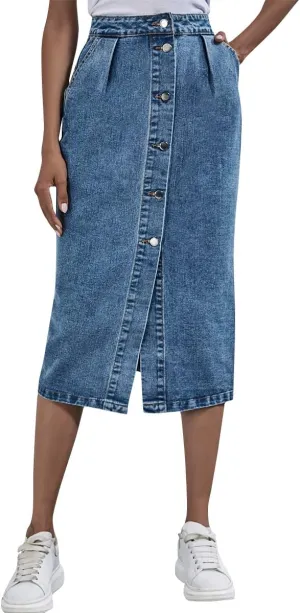 Denim Skirt for Women Casual High Waisted Button Up Long Midi Blue Jean Skirts with Slit