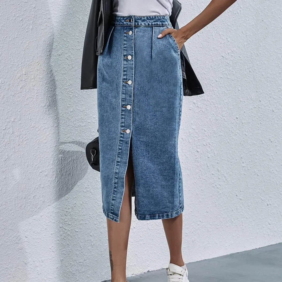 Denim Skirt for Women Casual High Waisted Button Up Long Midi Blue Jean Skirts with Slit