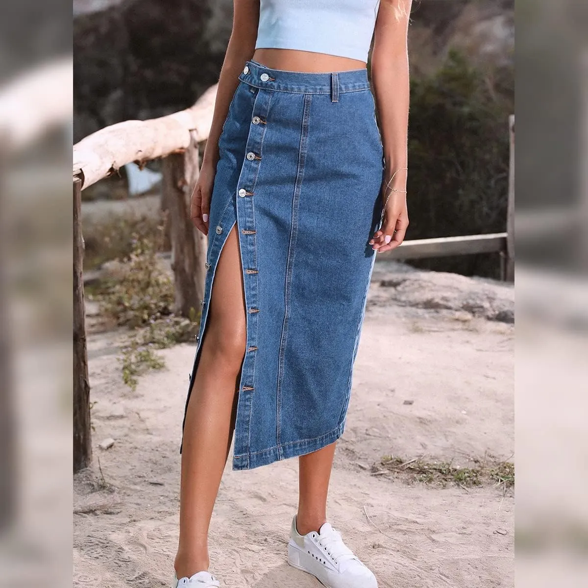 Denim Skirt for Women Casual High Waisted Button Up Long Midi Blue Jean Skirts with Slit