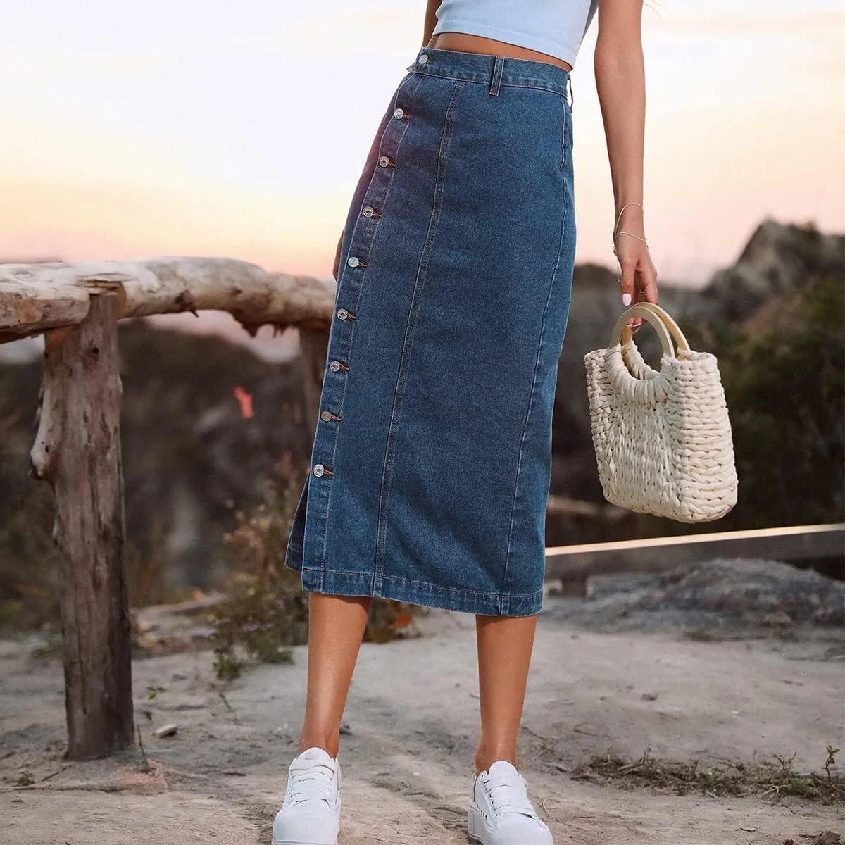 Denim Skirt for Women Casual High Waisted Button Up Long Midi Blue Jean Skirts with Slit