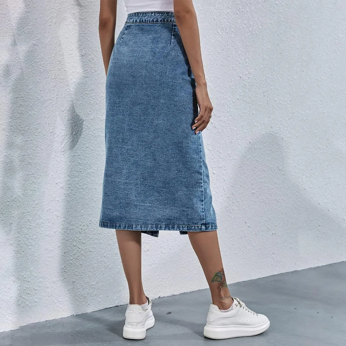 Denim Skirt for Women Casual High Waisted Button Up Long Midi Blue Jean Skirts with Slit