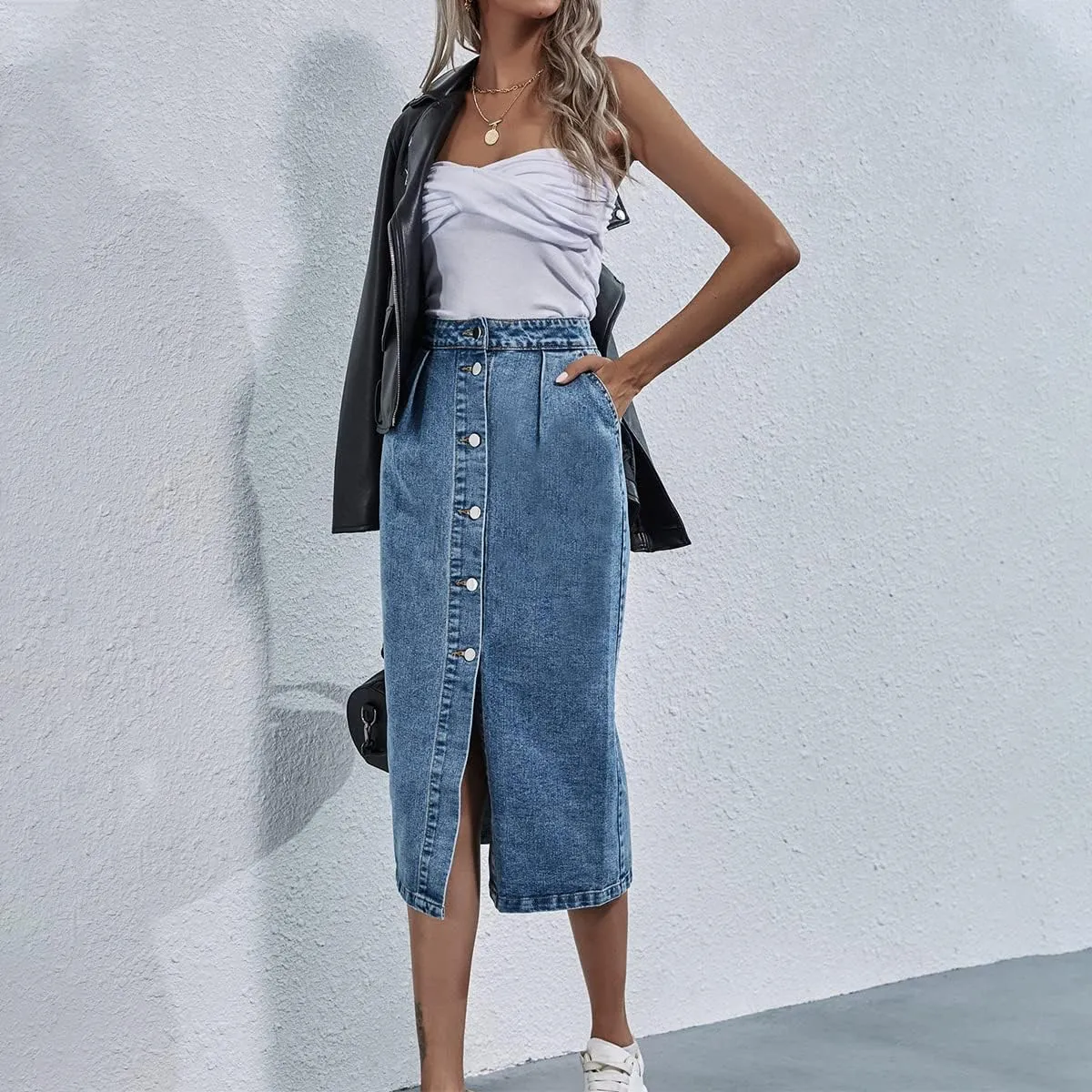 Denim Skirt for Women Casual High Waisted Button Up Long Midi Blue Jean Skirts with Slit