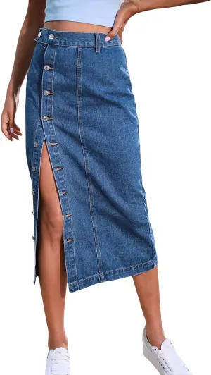Denim Skirt for Women Casual High Waisted Button Up Long Midi Blue Jean Skirts with Slit