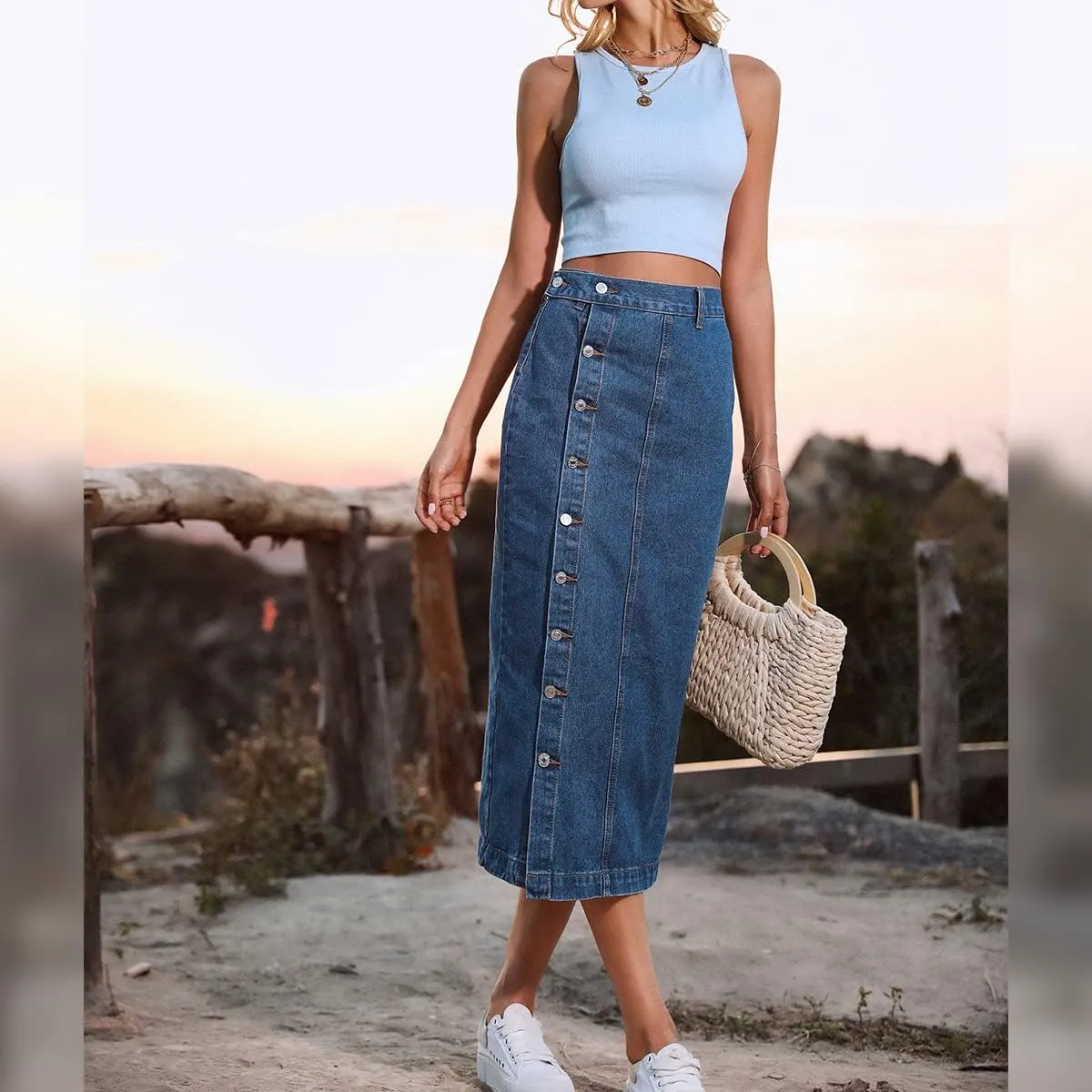 Denim Skirt for Women Casual High Waisted Button Up Long Midi Blue Jean Skirts with Slit