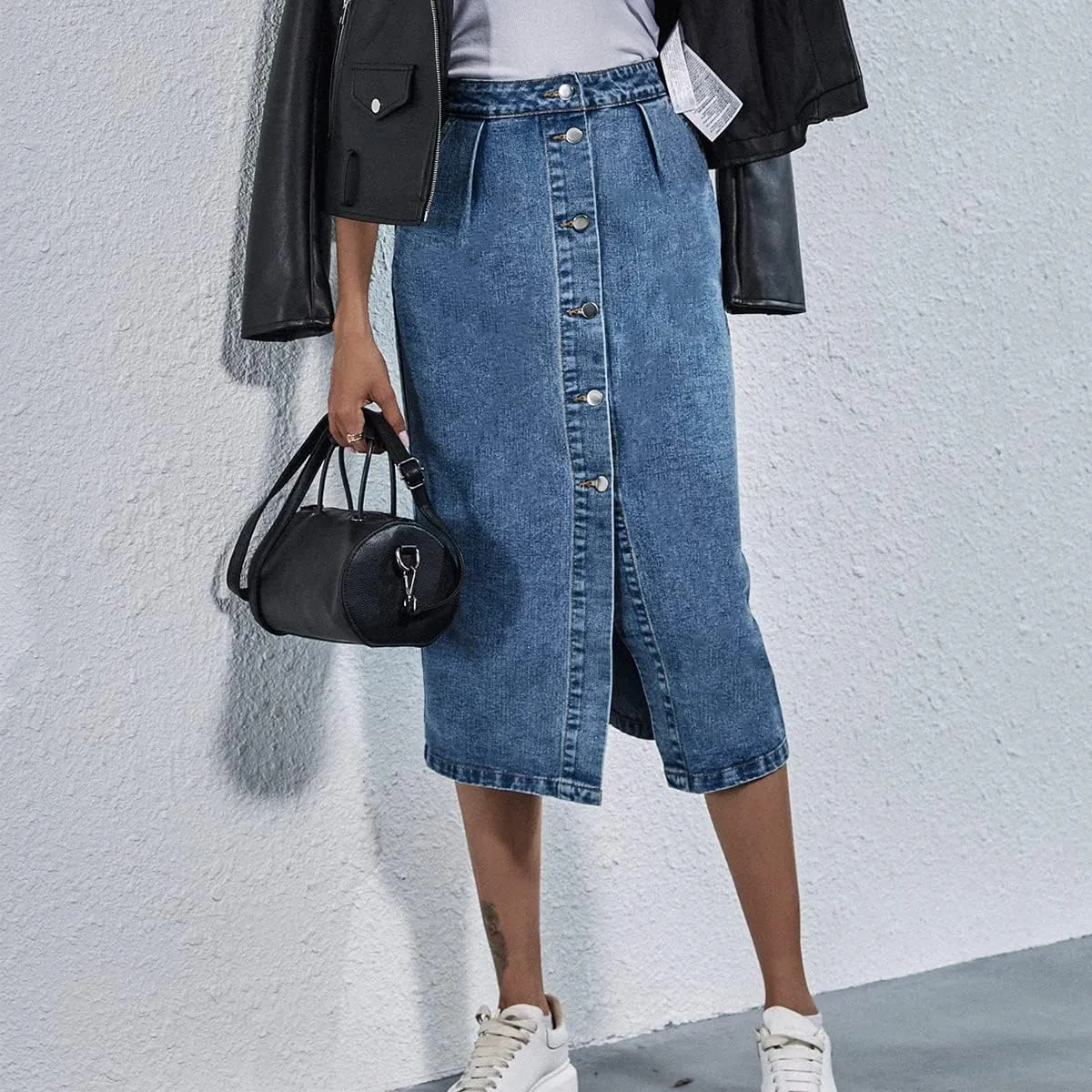 Denim Skirt for Women Casual High Waisted Button Up Long Midi Blue Jean Skirts with Slit