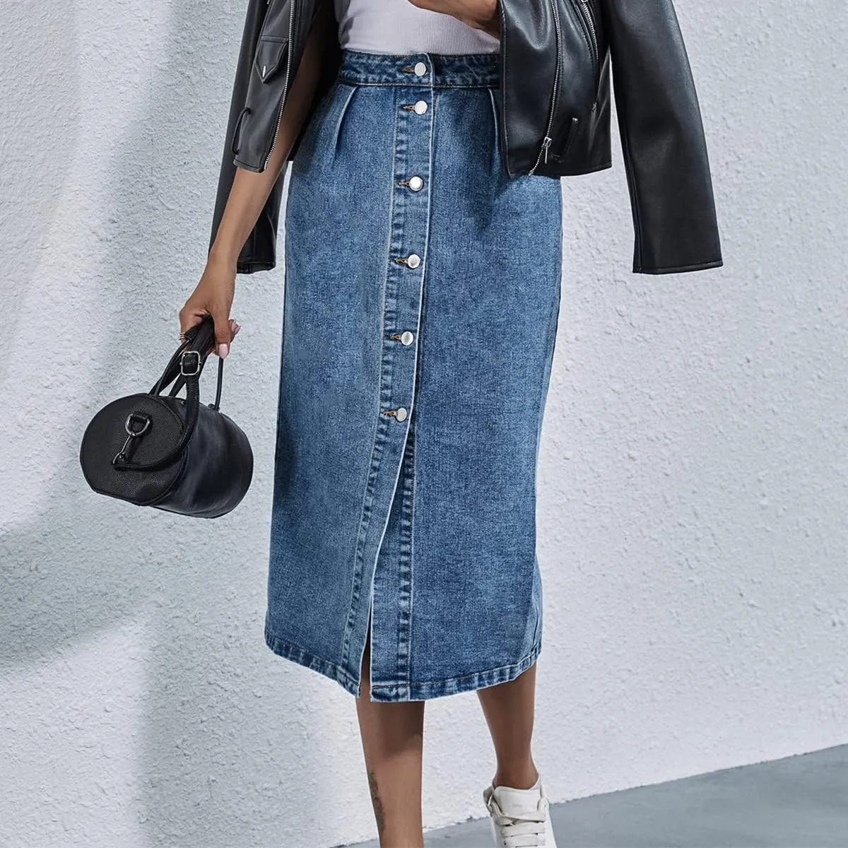 Denim Skirt for Women Casual High Waisted Button Up Long Midi Blue Jean Skirts with Slit