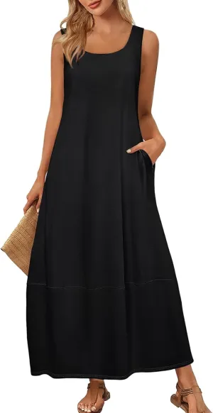 Dresses for Women 2025 Summer Casual Maxi Dress Scoop Neck Sleeveless Sundress Loose Flowy Beach Vacation Tank Dress