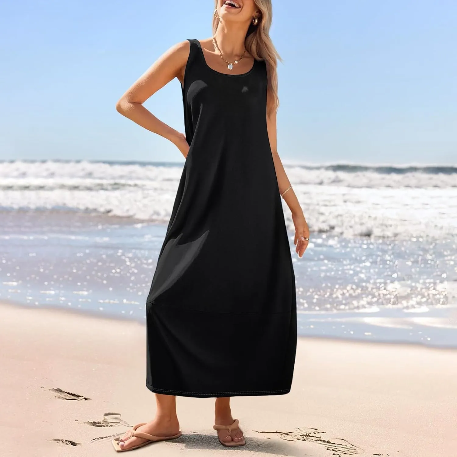 Dresses for Women 2025 Summer Casual Maxi Dress Scoop Neck Sleeveless Sundress Loose Flowy Beach Vacation Tank Dress