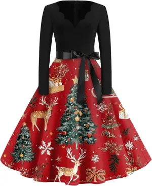 Dresses for Women Fashion Christmas Casual Slim Hem Long Sleeve Xmas Print Cocktail Dresses for Women Fall Winter Dress