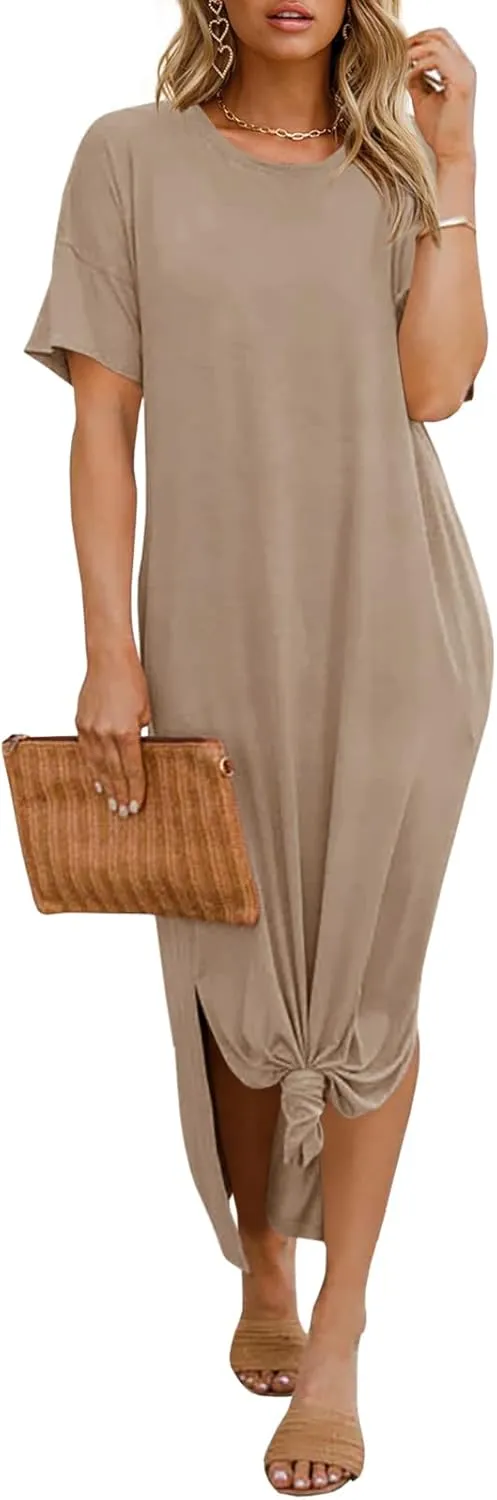 Dyexces Womens Summer T Shirt Dress Casual Drop Shoulder Round Neck Maxi Dresses Loose Side Slit Midi Dress with Pockets