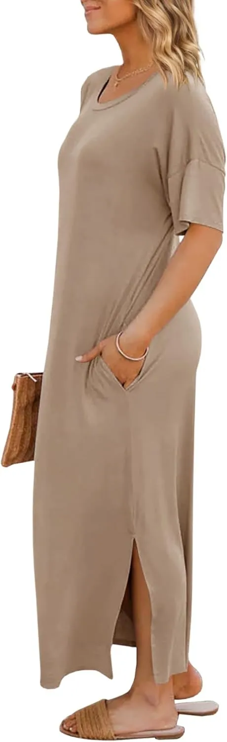 Dyexces Womens Summer T Shirt Dress Casual Drop Shoulder Round Neck Maxi Dresses Loose Side Slit Midi Dress with Pockets