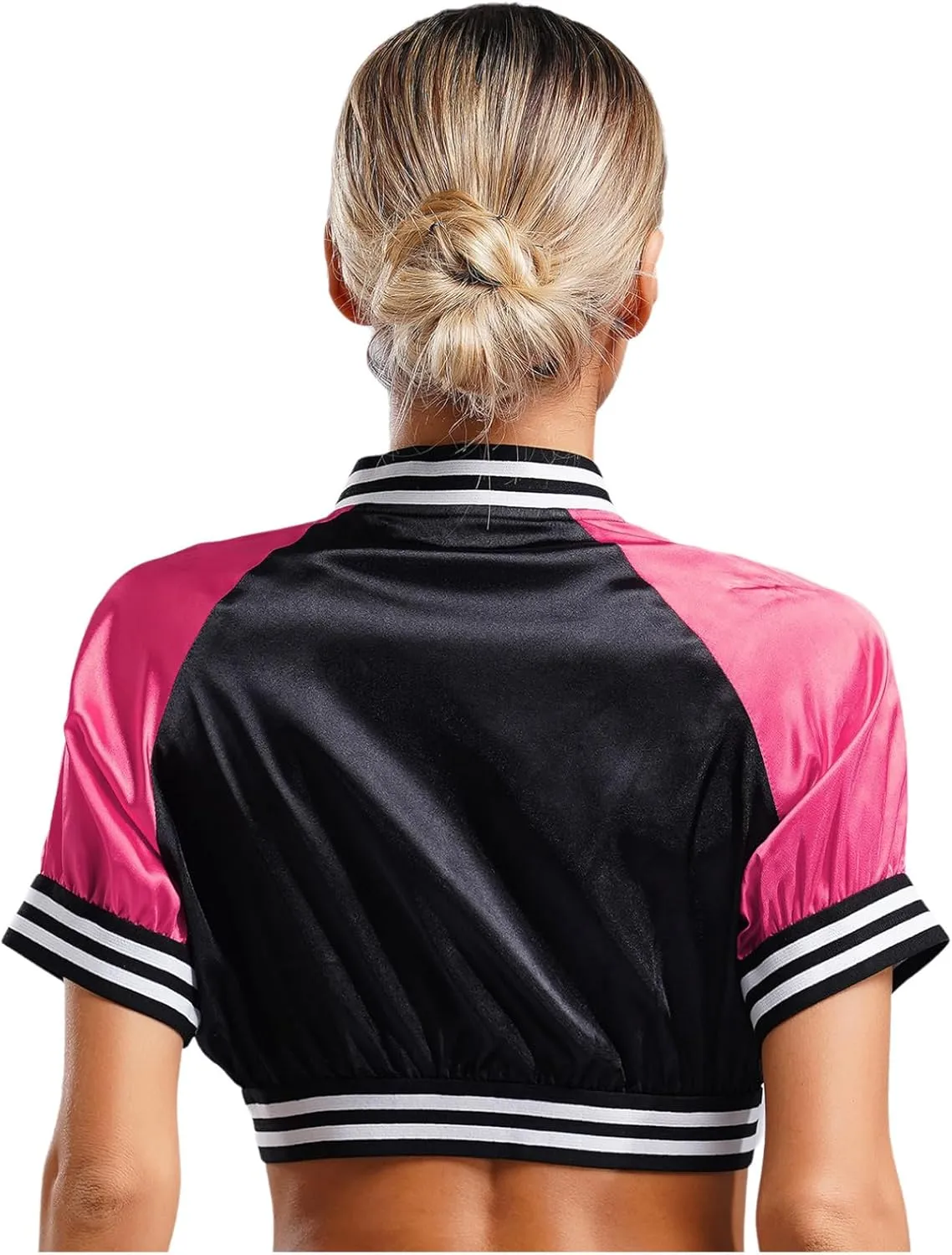 easyforever Women's Satin Cropped Bomber Jacket Button Up Striped Edge Contrast Outerwear Clubwear