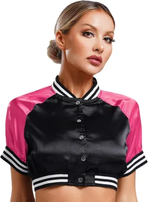 easyforever Women's Satin Cropped Bomber Jacket Button Up Striped Edge Contrast Outerwear Clubwear