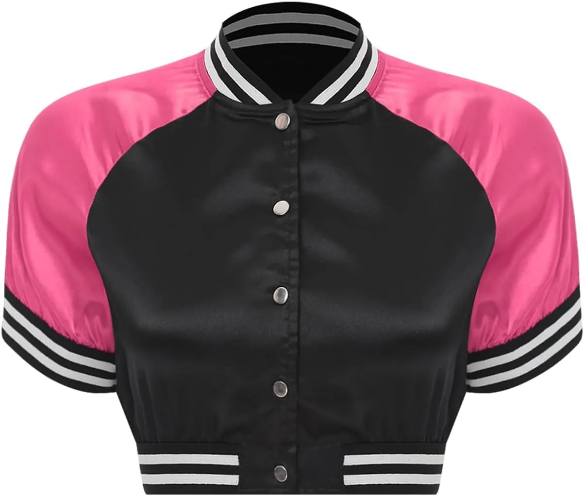 easyforever Women's Satin Cropped Bomber Jacket Button Up Striped Edge Contrast Outerwear Clubwear