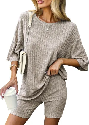 Ekouaer Plus Size 2 Piece Ribbed Knit Lounge Sets Short Sleeve Oversized T-Shirt and Biker Shorts Pajama Set for women 1-Camel 20 Plus