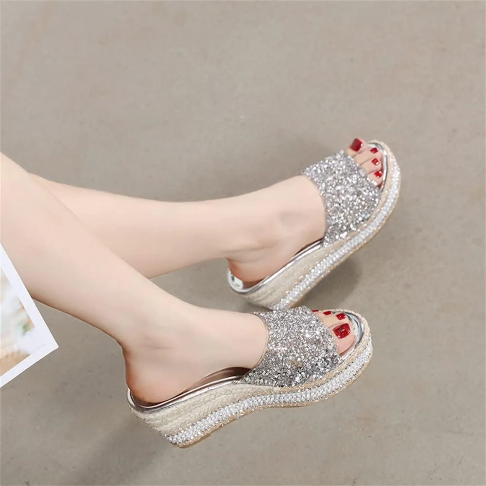 Elbslutt Women's Espadrille Platform Wedge Slides Sandals Glitter Strap Peep Toe Slingback High Heels Pumps Mules Summer Slippers