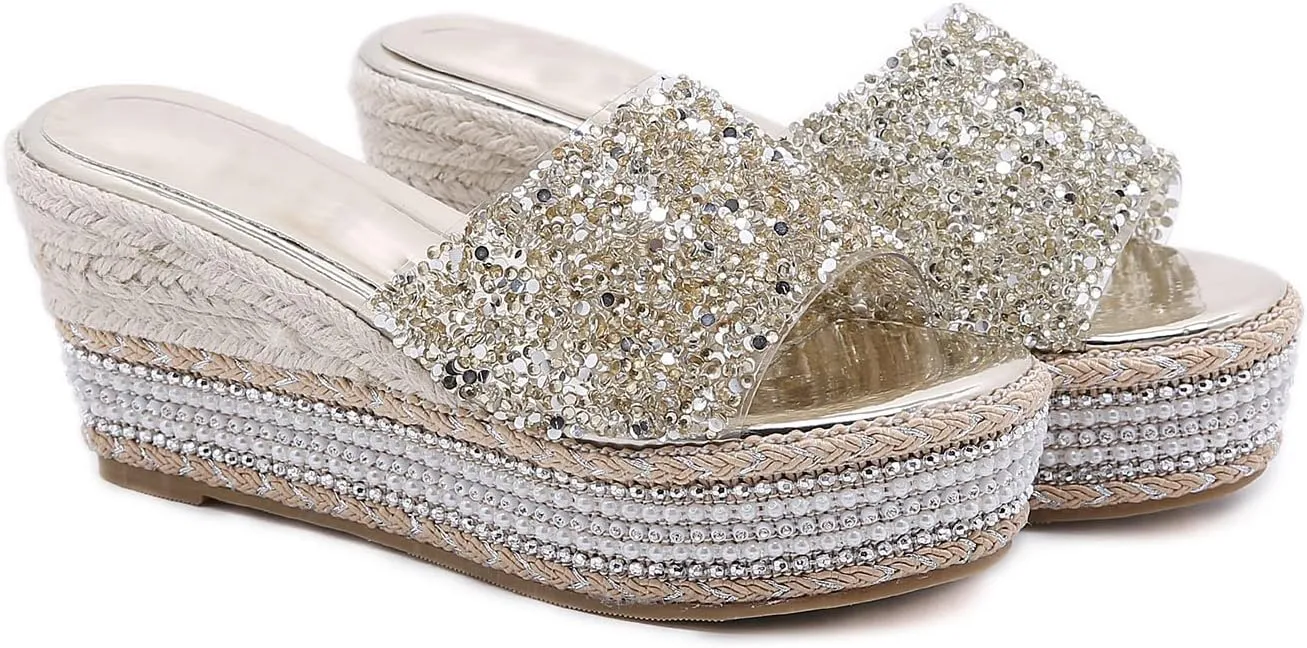 Elbslutt Women's Espadrille Platform Wedge Slides Sandals Glitter Strap Peep Toe Slingback High Heels Pumps Mules Summer Slippers