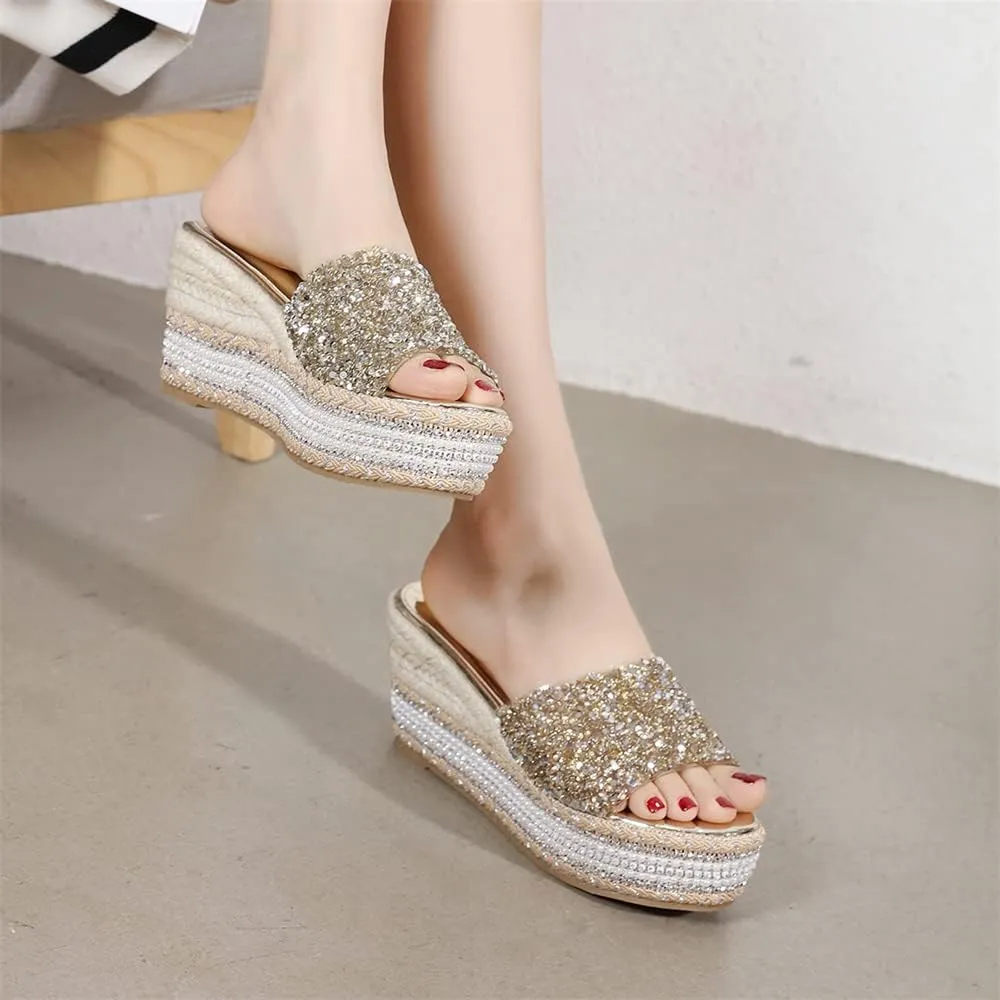 Elbslutt Women's Espadrille Platform Wedge Slides Sandals Glitter Strap Peep Toe Slingback High Heels Pumps Mules Summer Slippers