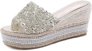 Elbslutt Women's Espadrille Platform Wedge Slides Sandals Glitter Strap Peep Toe Slingback High Heels Pumps Mules Summer Slippers