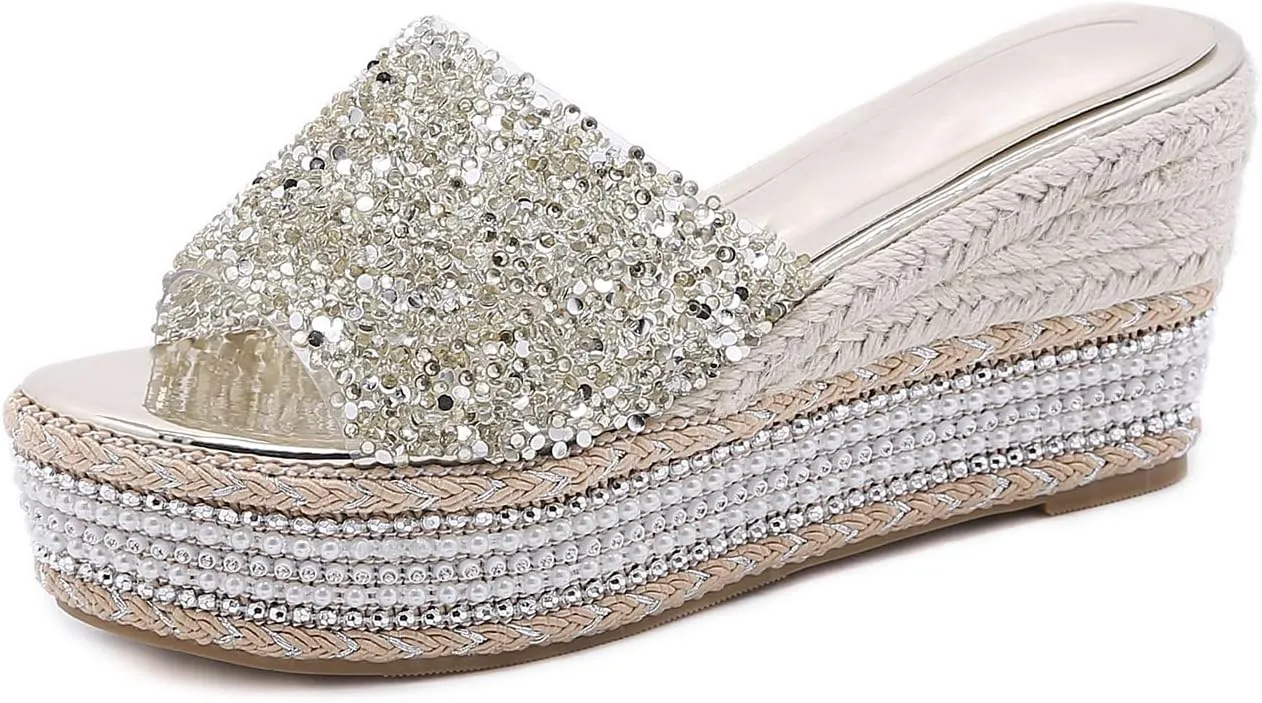 Elbslutt Women's Espadrille Platform Wedge Slides Sandals Glitter Strap Peep Toe Slingback High Heels Pumps Mules Summer Slippers