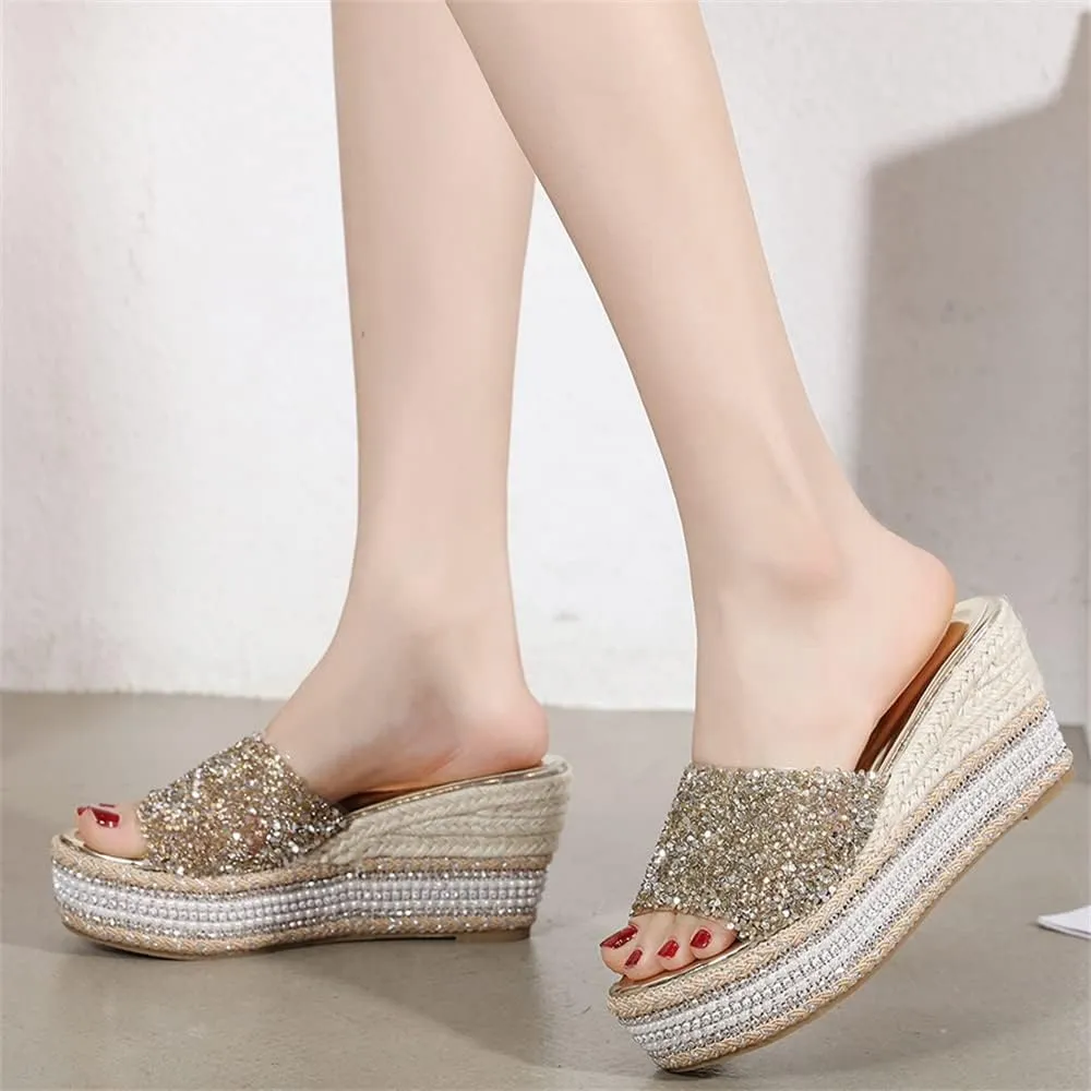 Elbslutt Women's Espadrille Platform Wedge Slides Sandals Glitter Strap Peep Toe Slingback High Heels Pumps Mules Summer Slippers