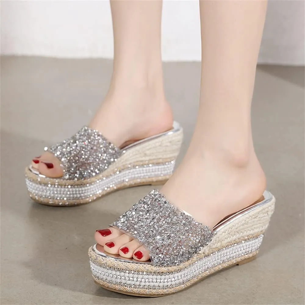 Elbslutt Women's Espadrille Platform Wedge Slides Sandals Glitter Strap Peep Toe Slingback High Heels Pumps Mules Summer Slippers