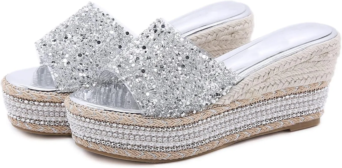 Elbslutt Women's Espadrille Platform Wedge Slides Sandals Glitter Strap Peep Toe Slingback High Heels Pumps Mules Summer Slippers