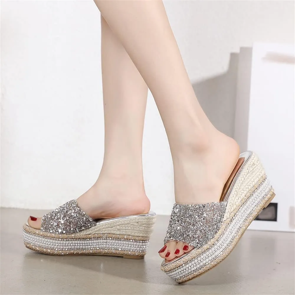 Elbslutt Women's Espadrille Platform Wedge Slides Sandals Glitter Strap Peep Toe Slingback High Heels Pumps Mules Summer Slippers